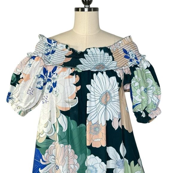 Cara Cara Zinnia Green Floral Off the Shoulder Midi Dress| Size 6 - Picture 6 of 11